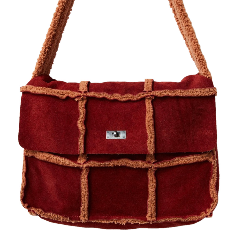 Free People Red Suede Shoulder Bag with Tan Sherpa Trim